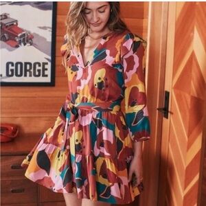 Marine Layer Elise Mini Dress in Exploded Floral XS Ruffle Belted Long Sleeve